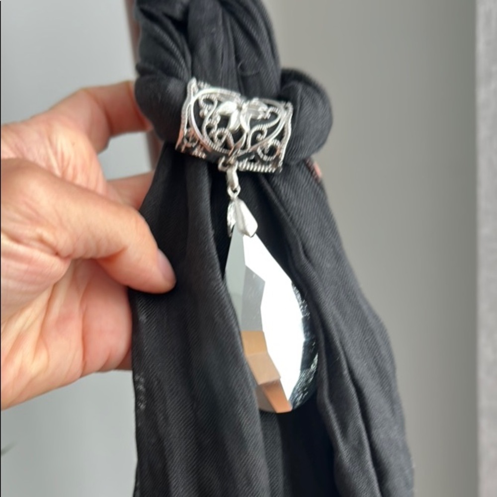Vintage Black Scarf With Silver Charm & Tassels
